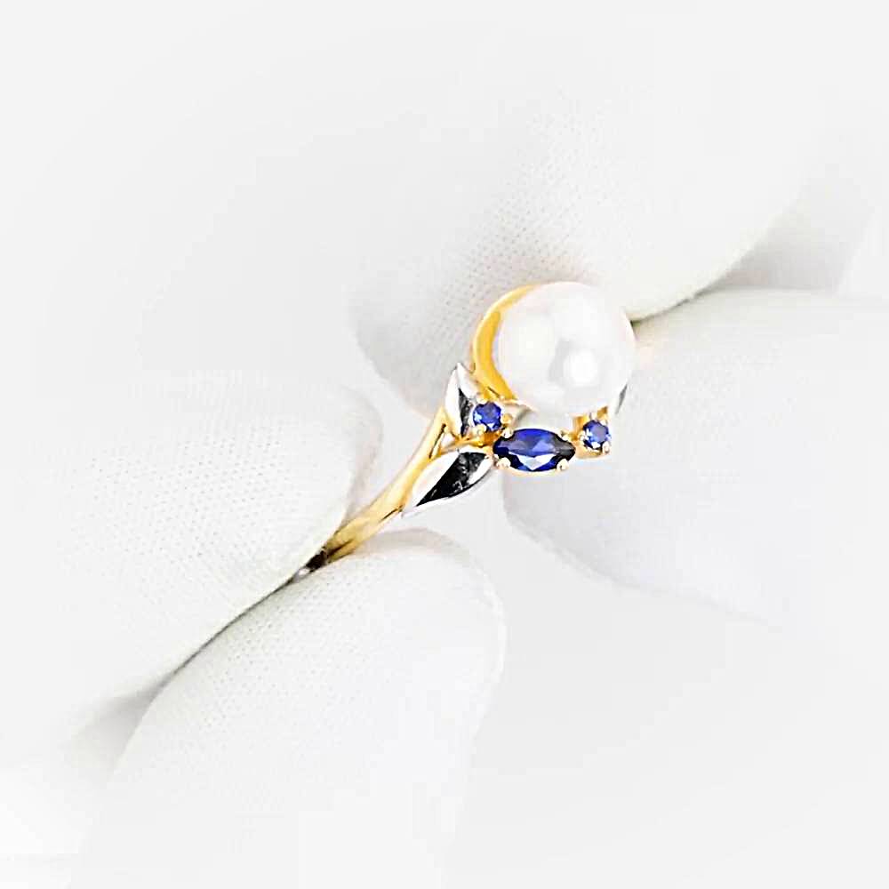 Кольцо с культивированным жемчугом и сапфирами из красного золота 585 пробы 1