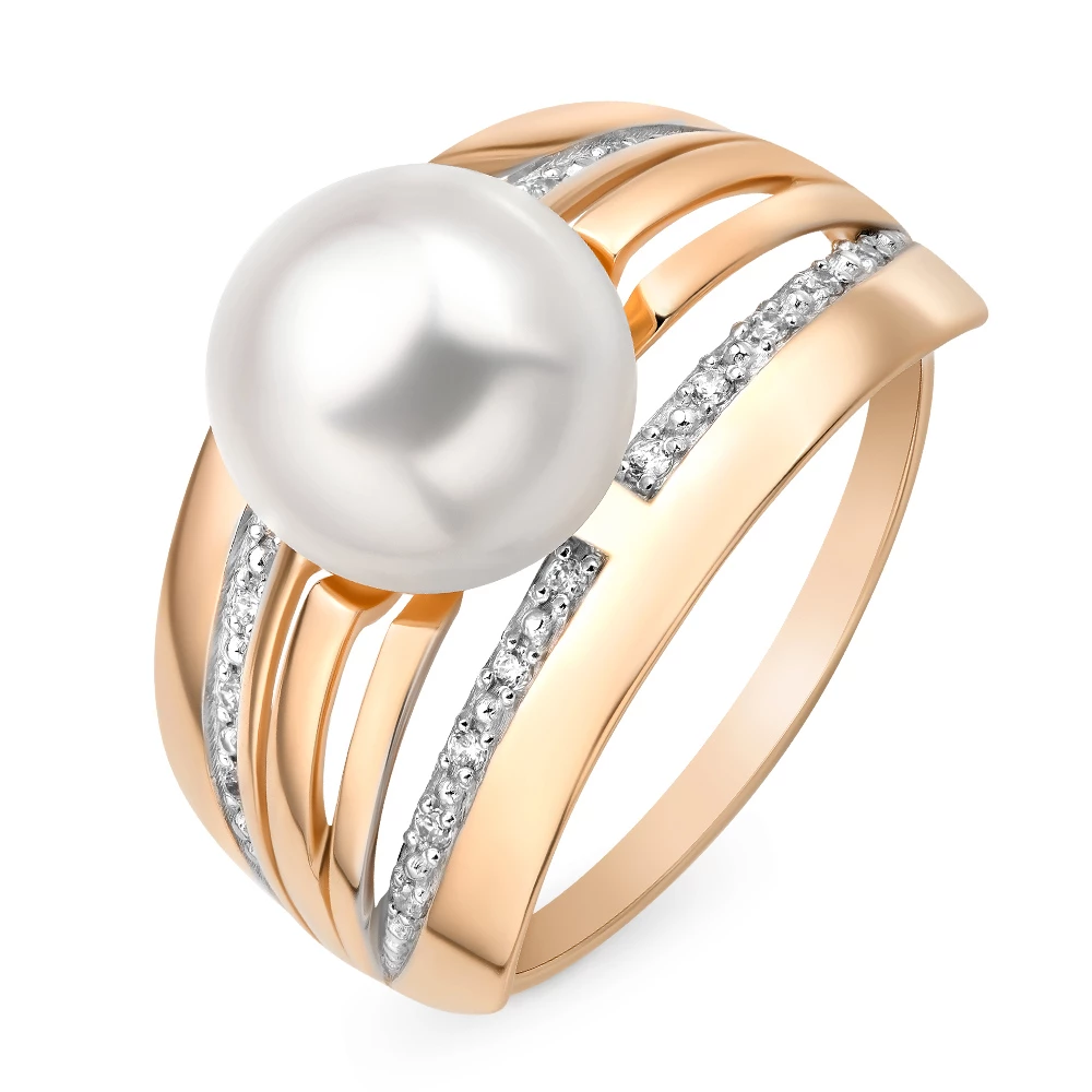 Кольцо с культивированным жемчугом и фианитами из красного золота 585 пробы Кольцо с культивированным жемчугом и фианитами из красного золота 585 пробы
