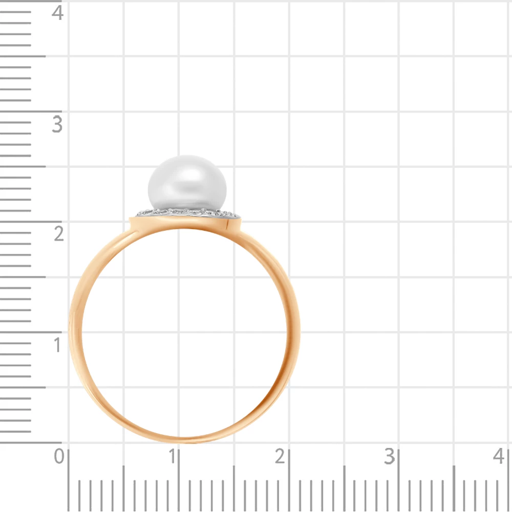Кольцо с культивированным жемчугом и фианитами из красного золота 585 пробы