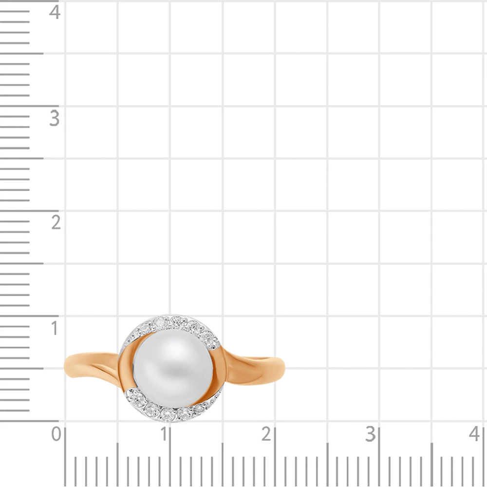 Кольцо с культивированным жемчугом и фианитами из красного золота 585 пробы