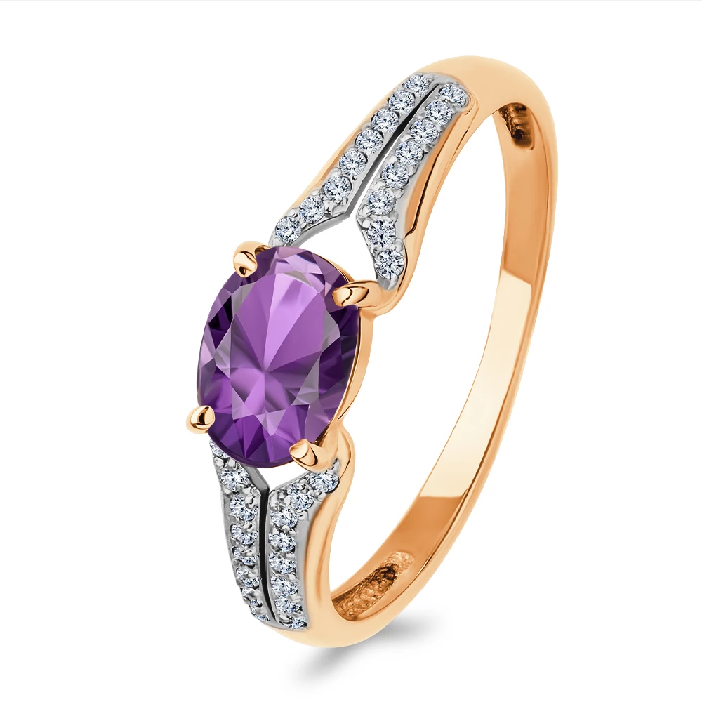 Кольцо с аметистами и фианитами из красного золота 585 пробы 1