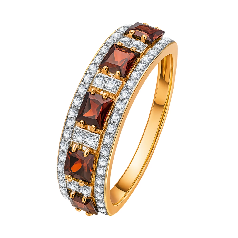 Кольцо с гранатами и фианитами из красного золота 585 пробы