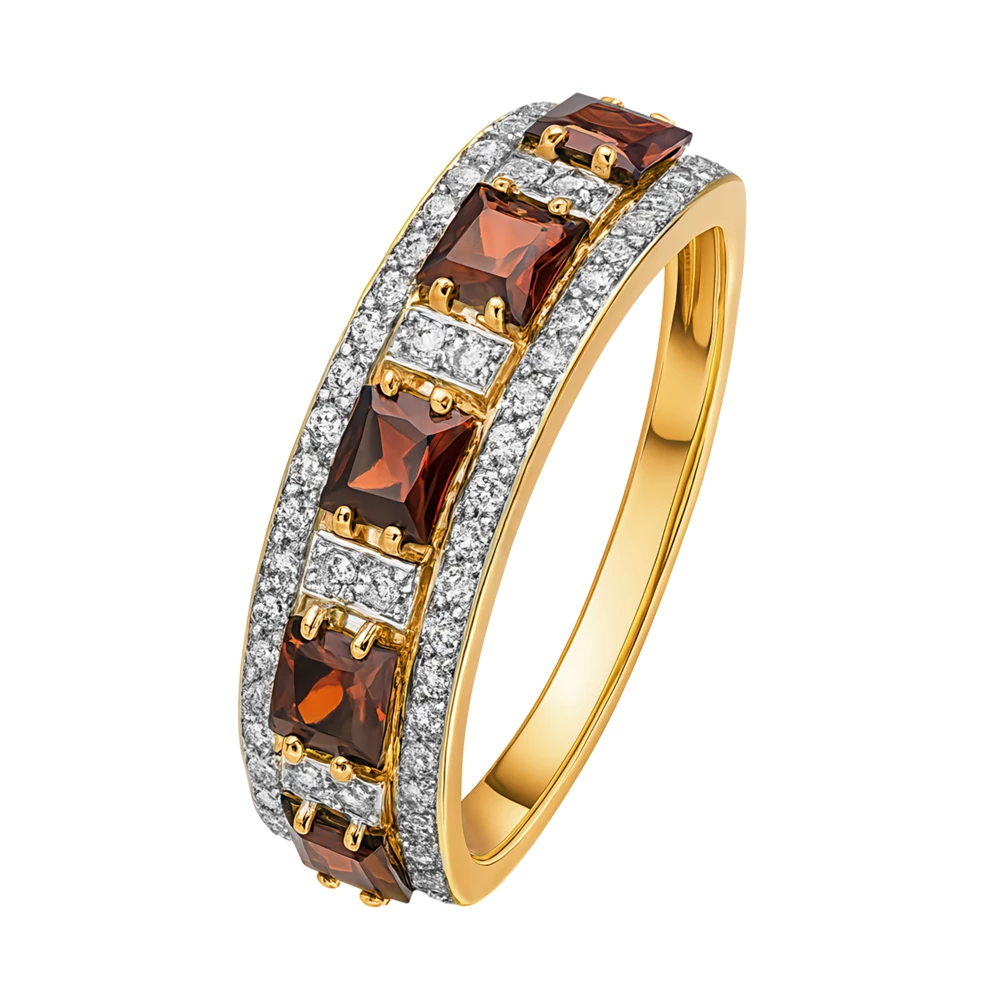 Кольцо с гранатами и фианитами из красного золота 585 пробы