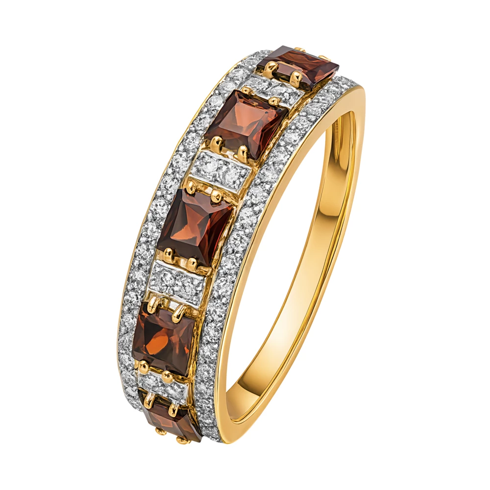 Кольцо с гранатами и фианитами из красного золота 585 пробы