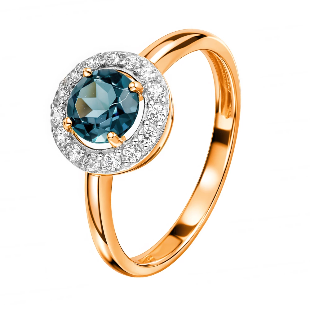 Кольцо с топазом лондон и фианитами из красного золота 585 пробы