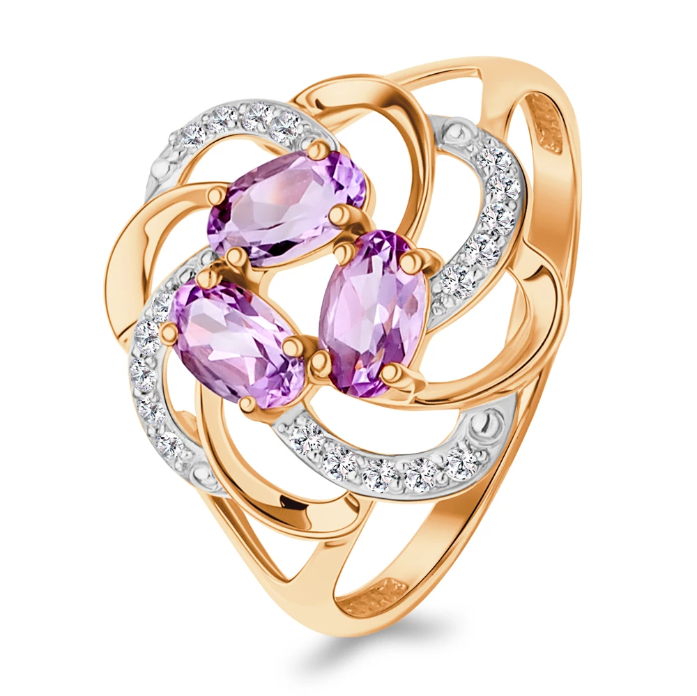 Кольцо с аметистами и фианитами из красного золота 585 пробы 1