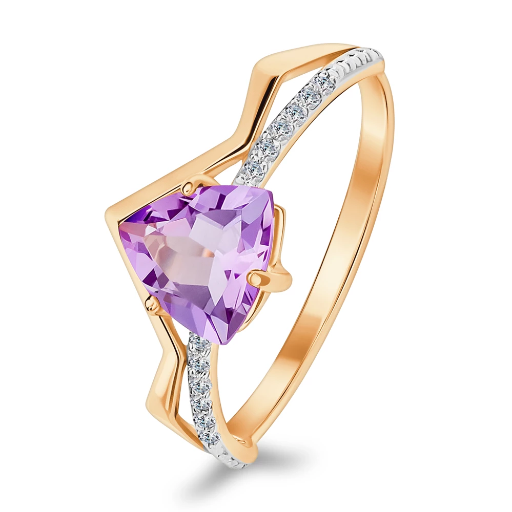 Кольцо с аметистами и фианитами из красного золота 585 пробы 1