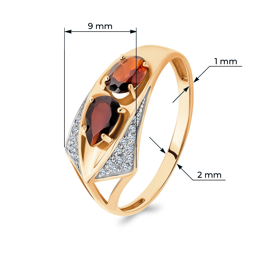 Кольцо с гранатами и фианитами из красного золота 585 пробы