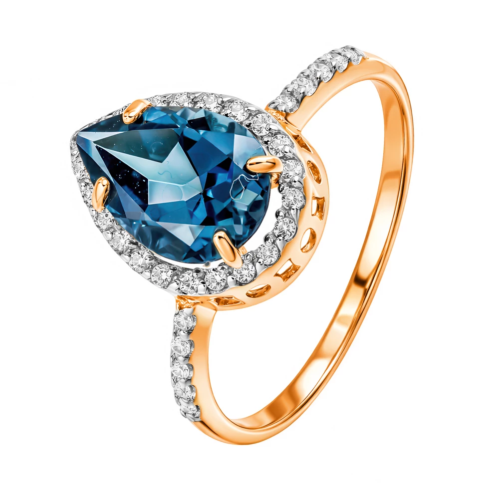 Кольцо с топазом лондон и фианитами из красного золота 585 пробы