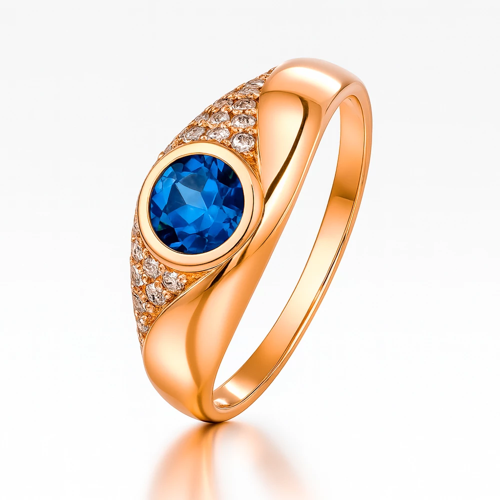 Кольцо с топазом лондон и фианитами из красного золота 585 пробы Кольцо с топазом лондон и фианитами из красного золота 585 пробы