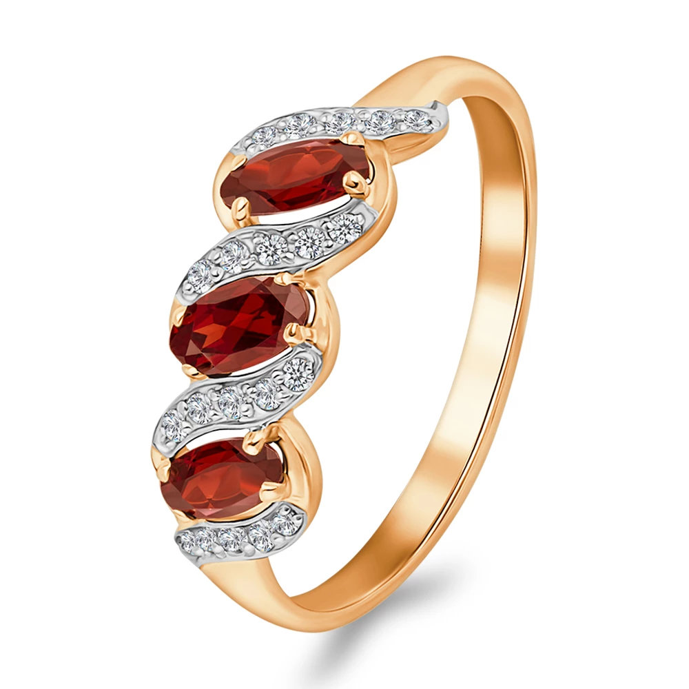 Кольцо с гранатами и фианитами из красного золота 585 пробы 1