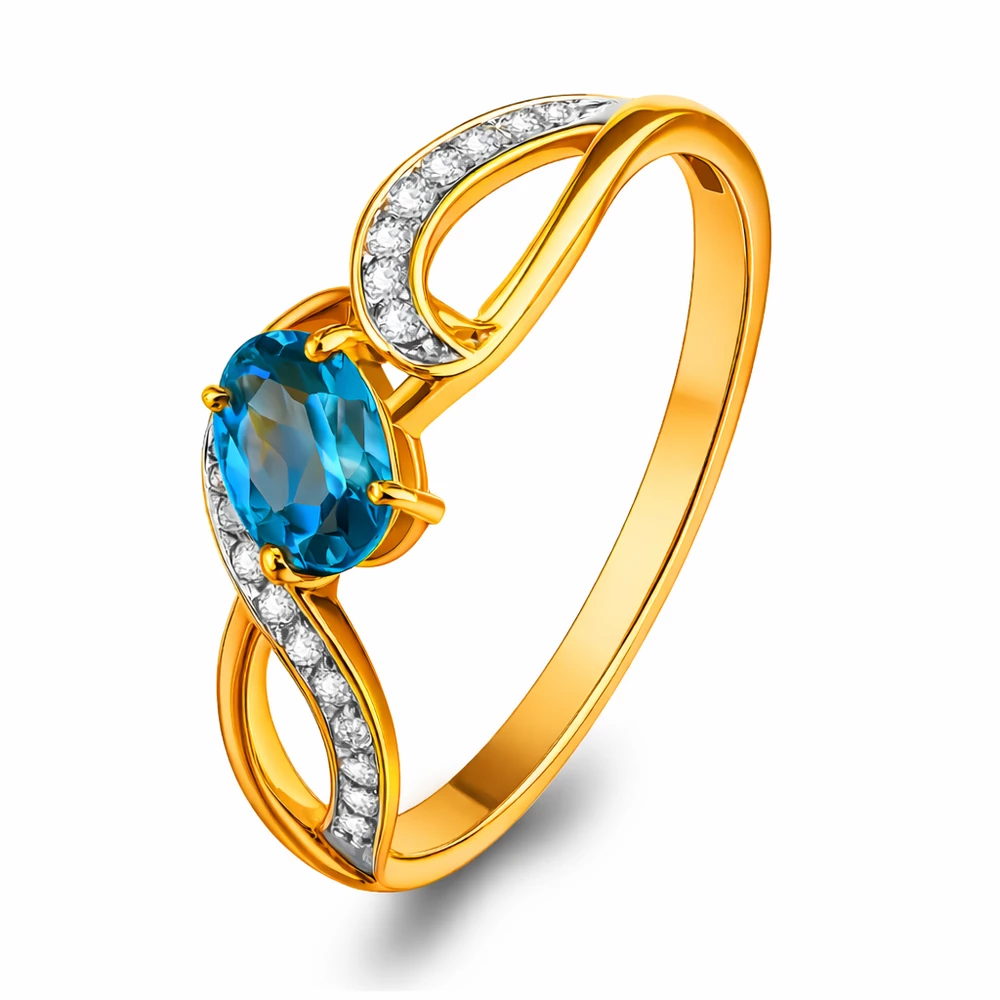 Кольцо с топазом лондон и фианитами из красного золота 585 пробы