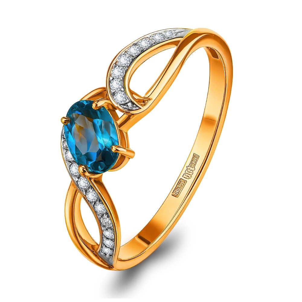 Кольцо с топазом лондон и фианитами из красного золота 585 пробы