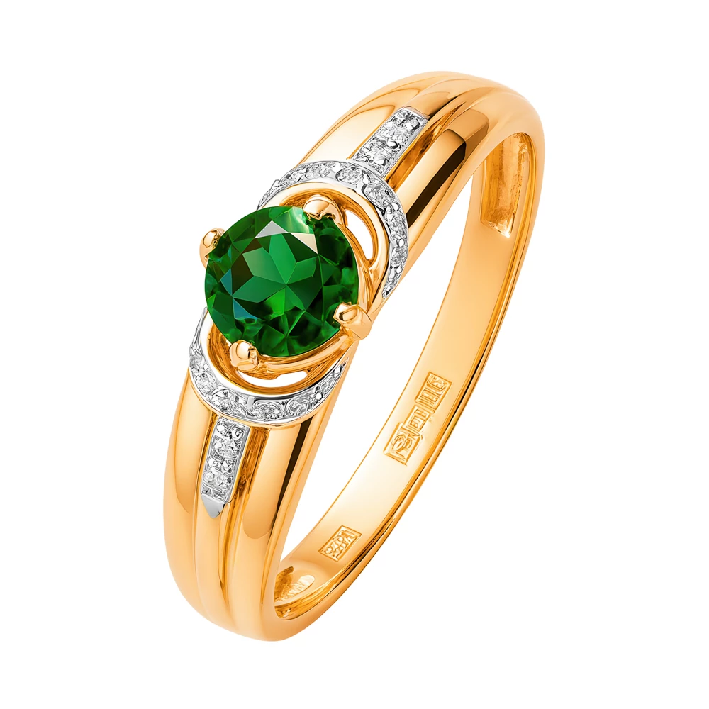 Кольцо с турмалином синтетическим и фианитами из красного золота 585 пробы Кольцо с турмалином синтетическим и фианитами из красного золота 585 пробы