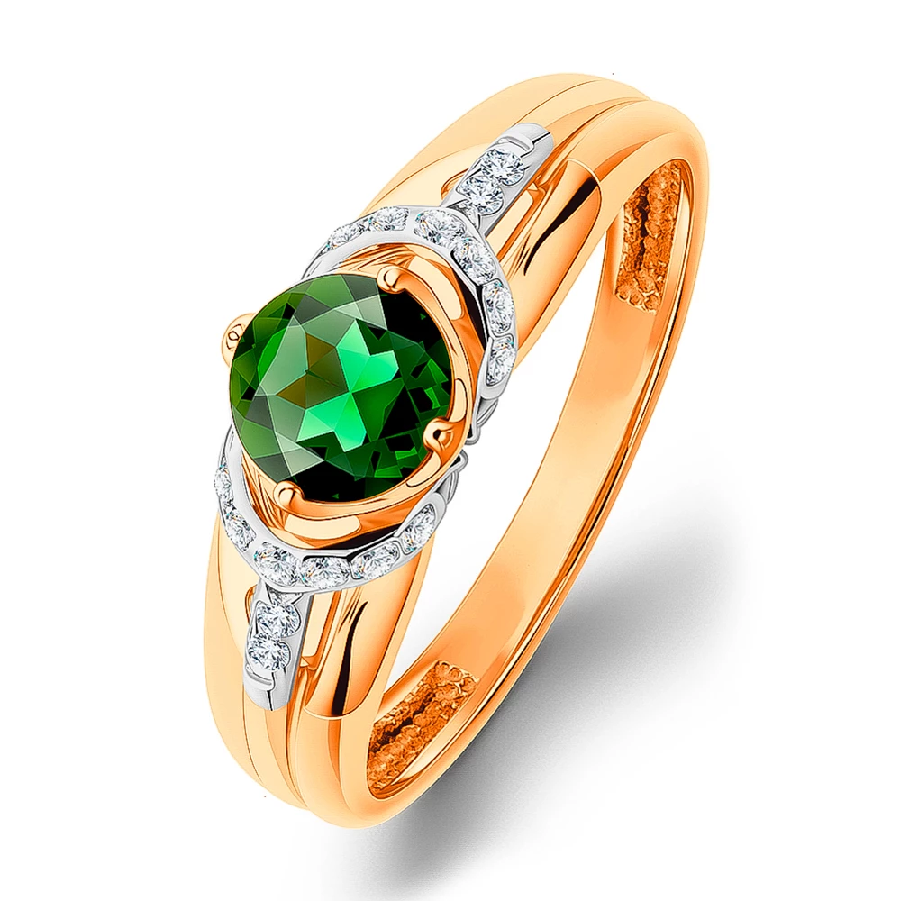 Кольцо с турмалином синтетическим и фианитами из красного золота 585 пробы Кольцо с турмалином синтетическим и фианитами из красного золота 585 пробы