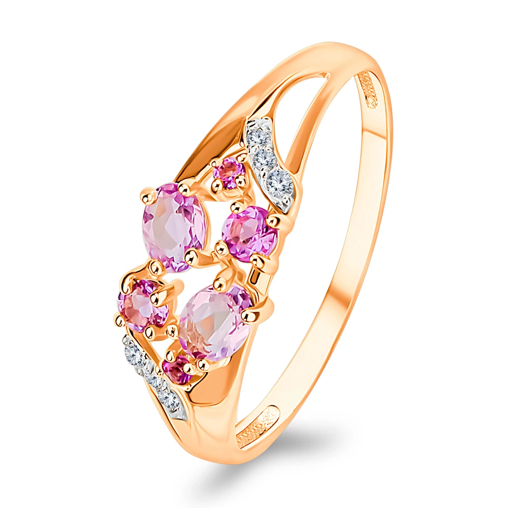 Кольцо с аметистами и фианитами из красного золота 585 пробы 1