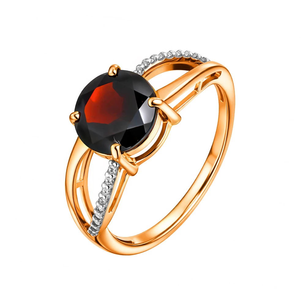 Кольцо с гранатами и фианитами из красного золота 585 пробы