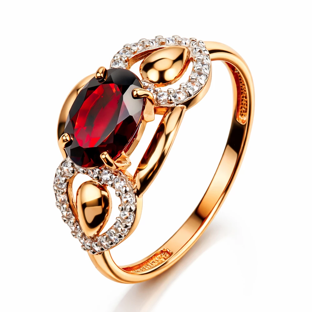 Кольцо с гранатами и фианитами из красного золота 585 пробы