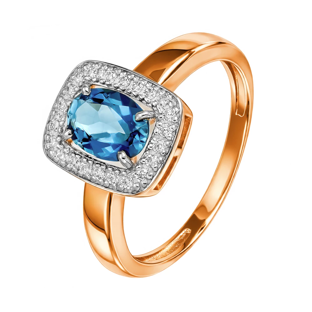 Кольцо с топазом лондон и фианитами из красного золота 585 пробы