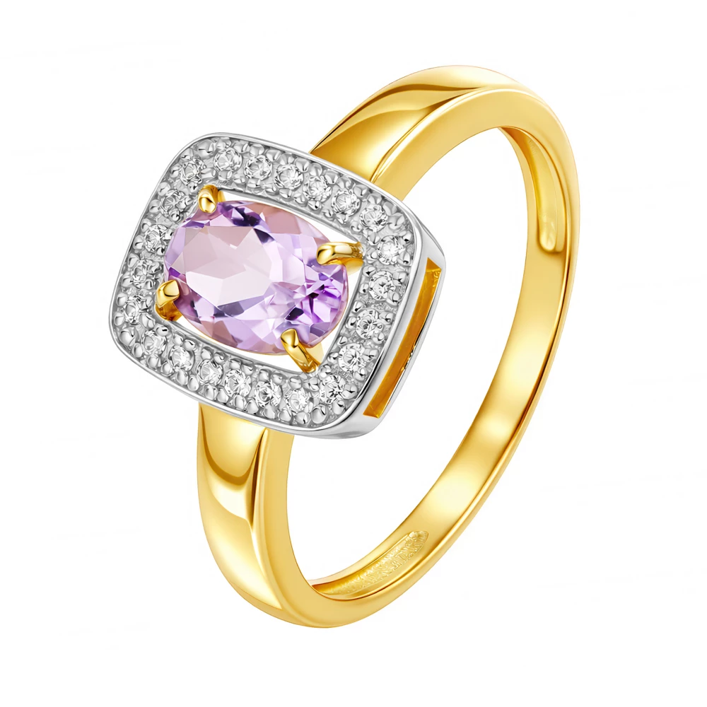 Кольцо с аметистами и фианитами из желтого золота 585 пробы