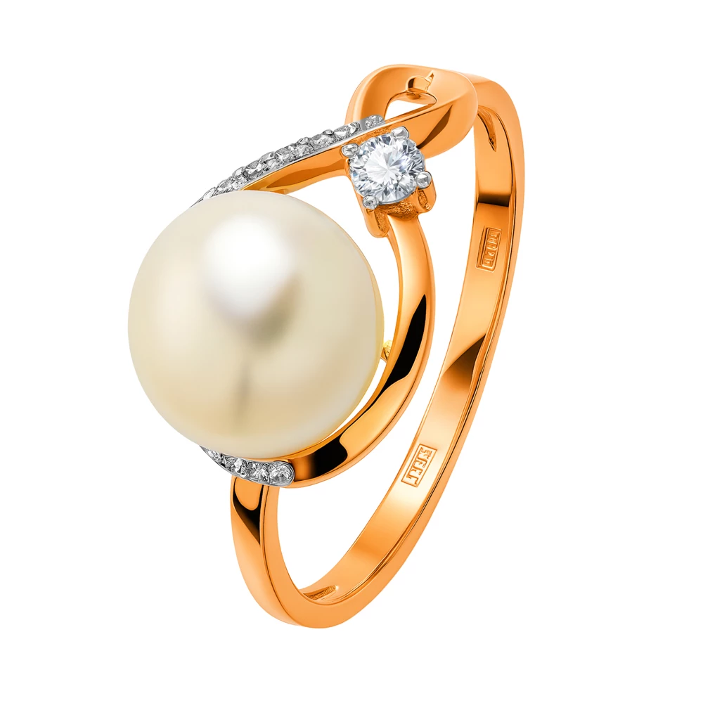 Кольцо с культивированным жемчугом и фианитами из красного золота 585 пробы