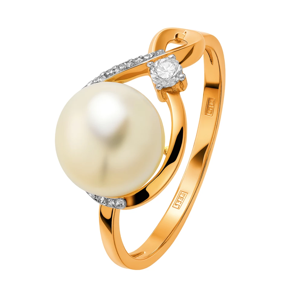 Кольцо с культивированным жемчугом и фианитами из красного золота 585 пробы