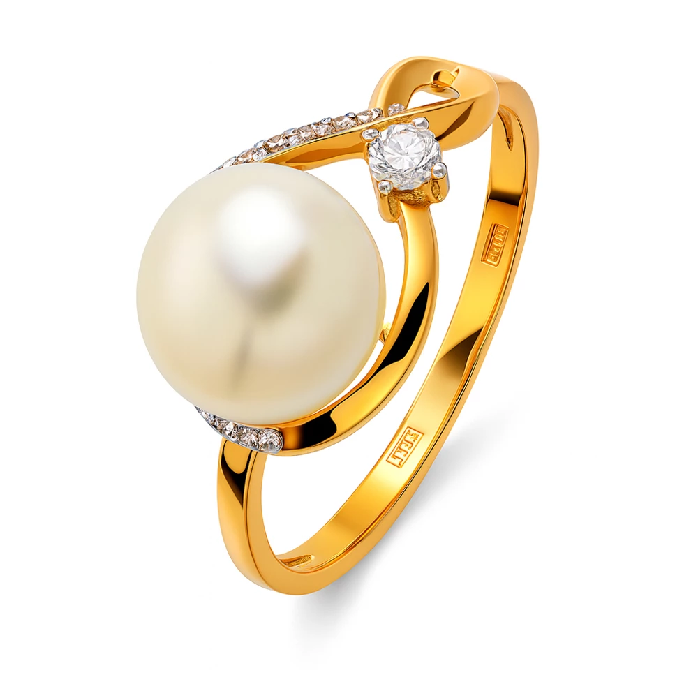 Кольцо с культивированным жемчугом и фианитами из красного золота 585 пробы