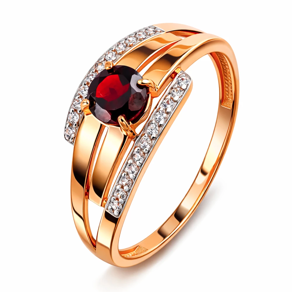 Кольцо с гранатами и фианитами из красного золота 585 пробы