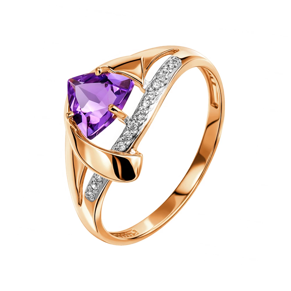 Кольцо с аметистами и фианитами из красного золота 585 пробы