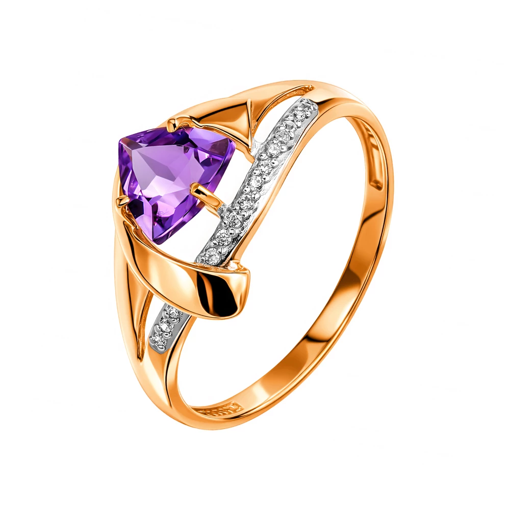 Кольцо с аметистами и фианитами из красного золота 585 пробы