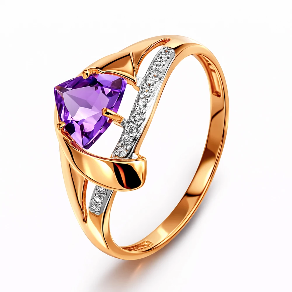 Кольцо с аметистами и фианитами из красного золота 585 пробы