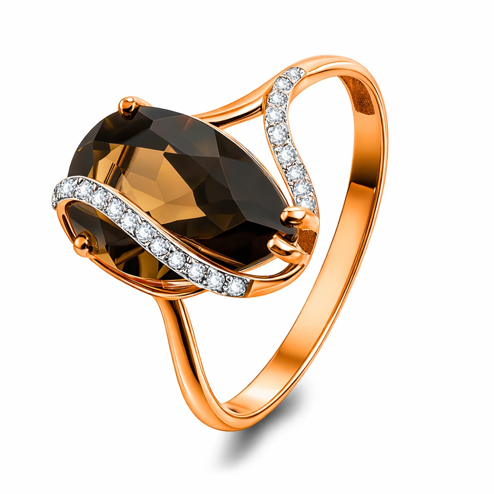 Кольцо с раух-топазами и фианитами из красного золота 375 пробы