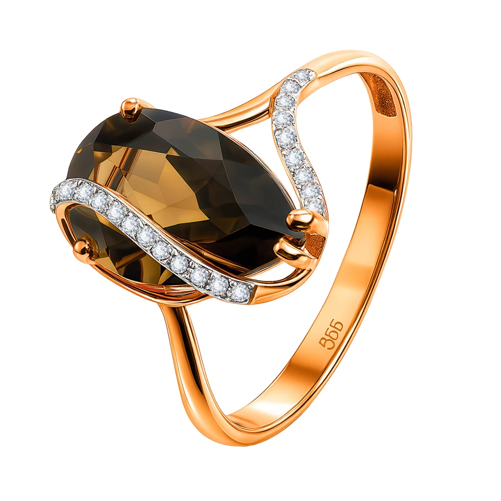 Кольцо с раух-топазами и фианитами из красного золота 375 пробы