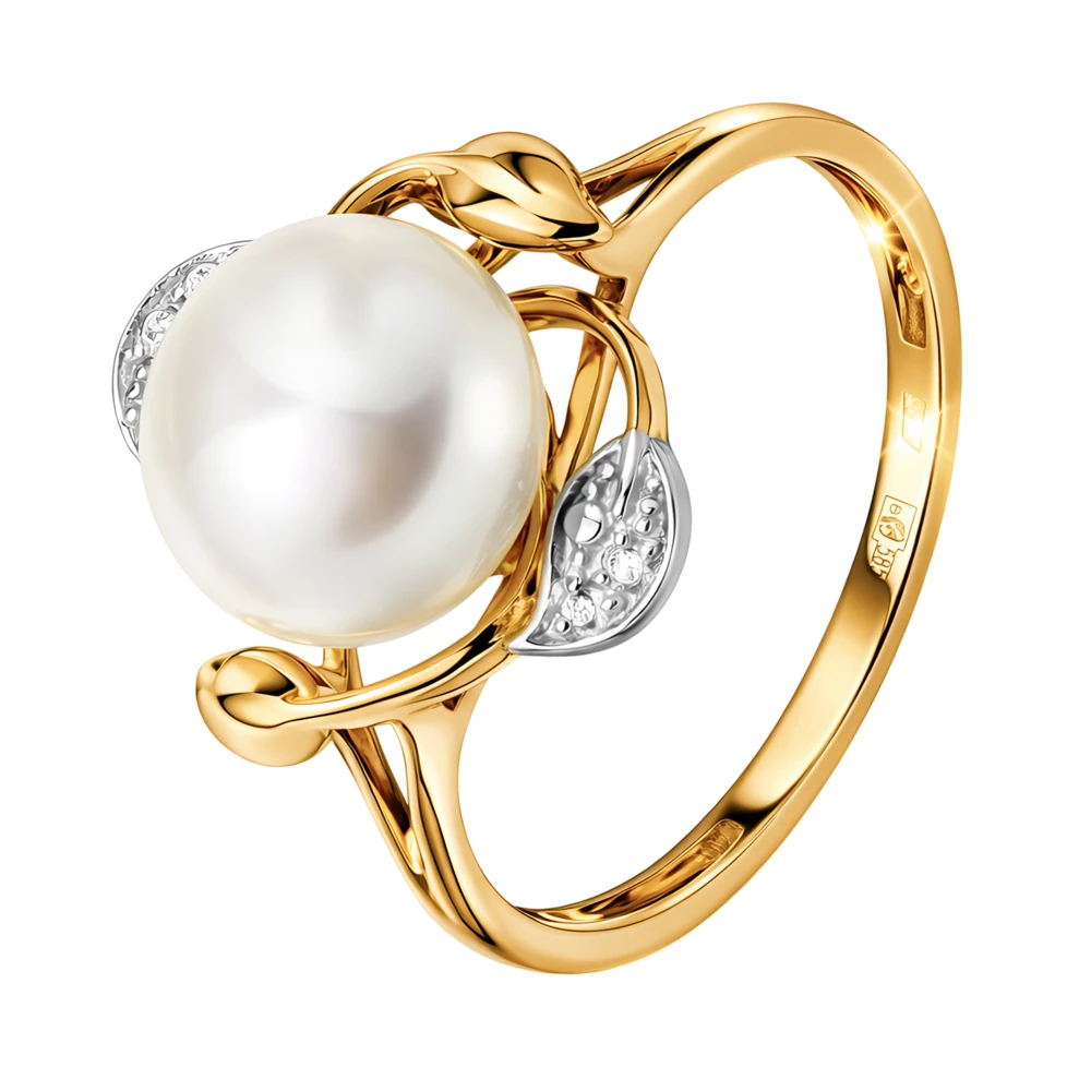 Кольцо с культивированным жемчугом и фианитами из красного золота 585 пробы