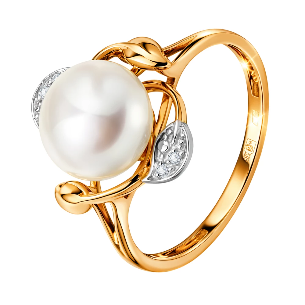 Кольцо с культивированным жемчугом и фианитами из красного золота 585 пробы