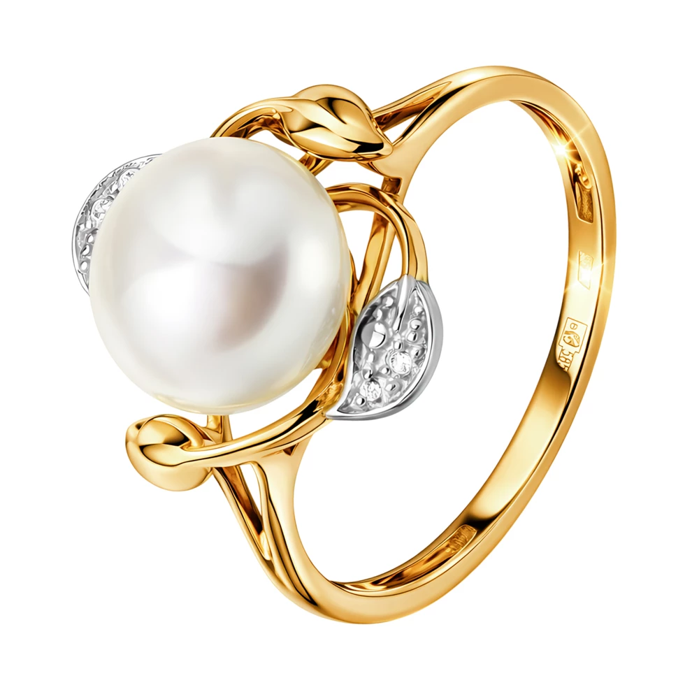 Кольцо с культивированным жемчугом и фианитами из красного золота 585 пробы