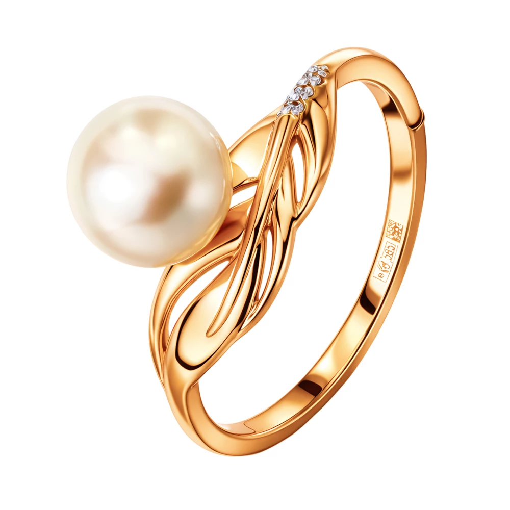 Кольцо с культивированным жемчугом и фианитами из красного золота 585 пробы