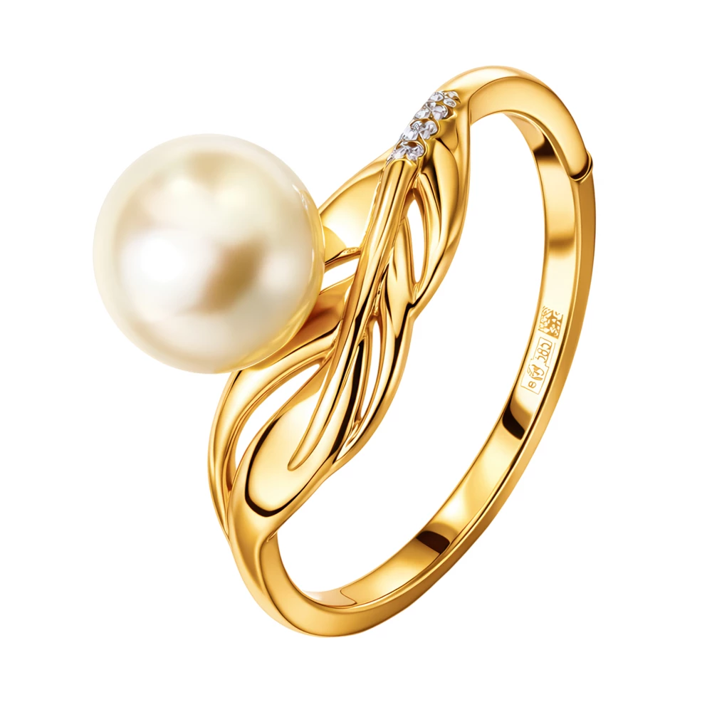 Кольцо с культивированным жемчугом и фианитами из красного золота 585 пробы