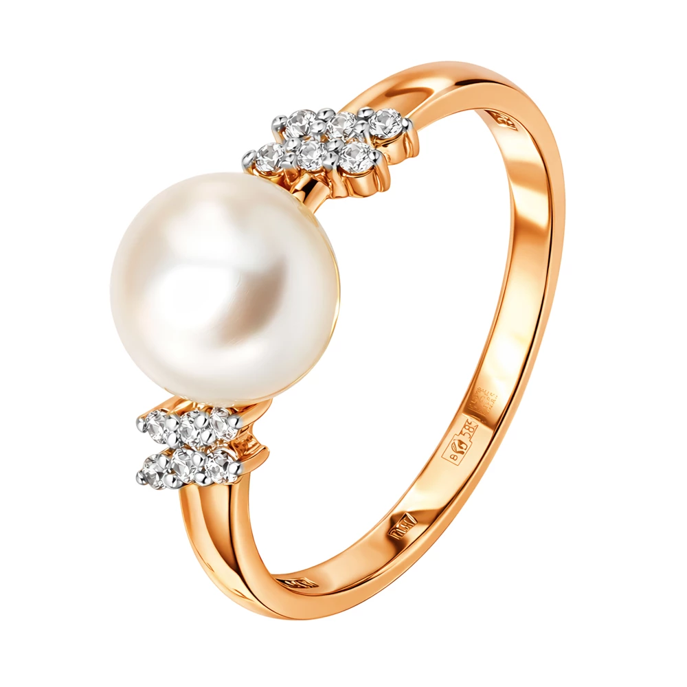 Кольцо с культивированным жемчугом и фианитами из красного золота 585 пробы Кольцо с культивированным жемчугом и фианитами из красного золота 585 пробы