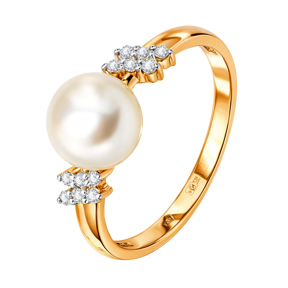 Кольцо с культивированным жемчугом и фианитами из красного золота 585 пробы