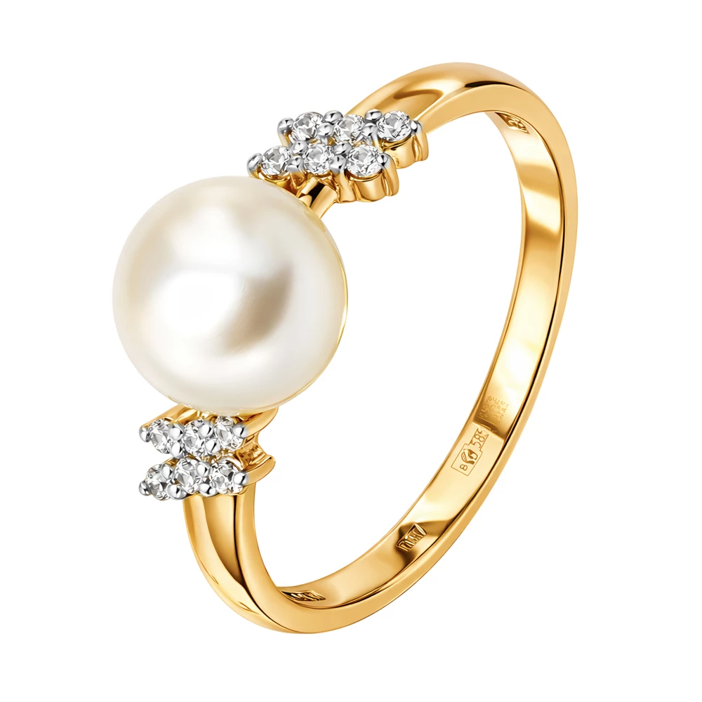 Кольцо с культивированным жемчугом и фианитами из красного золота 585 пробы