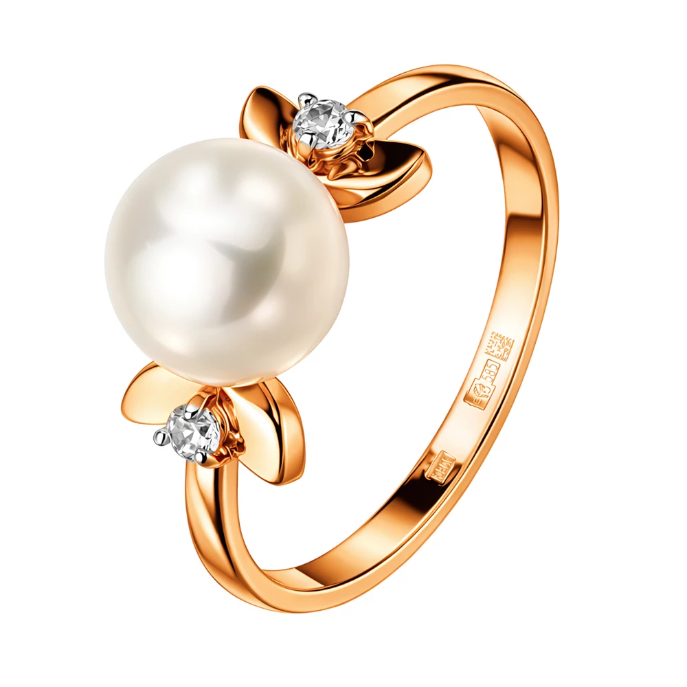 Кольцо с культивированным жемчугом и фианитами из красного золота 585 пробы