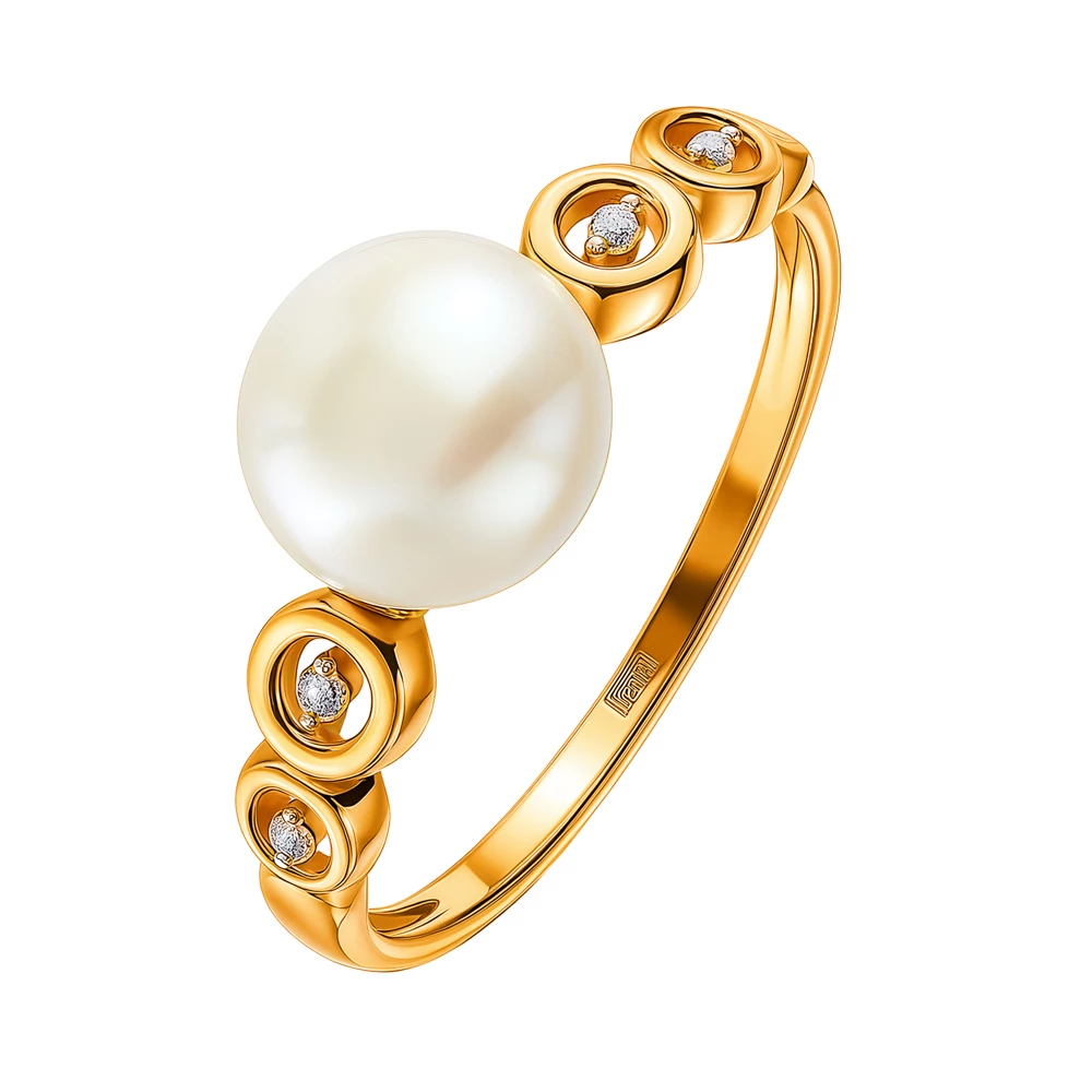 Кольцо с культивированным жемчугом и фианитами из красного золота 375 пробы