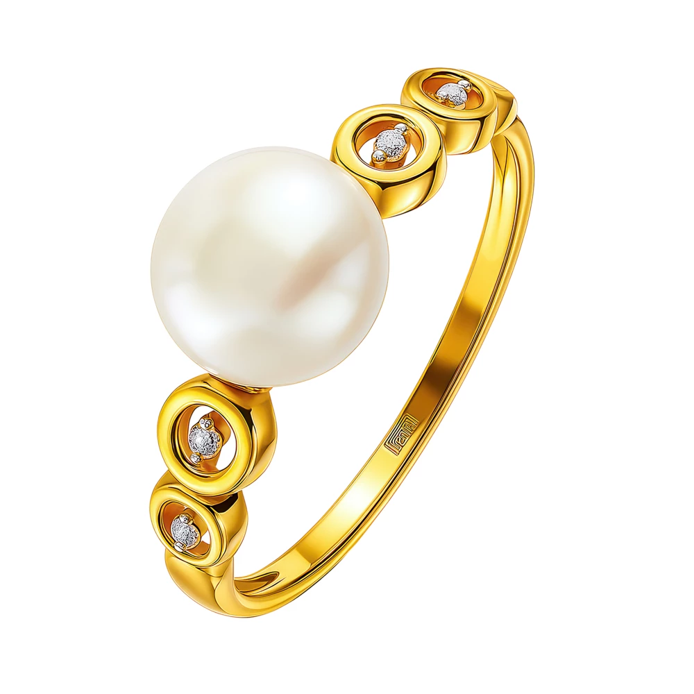 Кольцо с культивированным жемчугом и фианитами из красного золота 375 пробы Кольцо с культивированным жемчугом и фианитами из красного золота 375 пробы