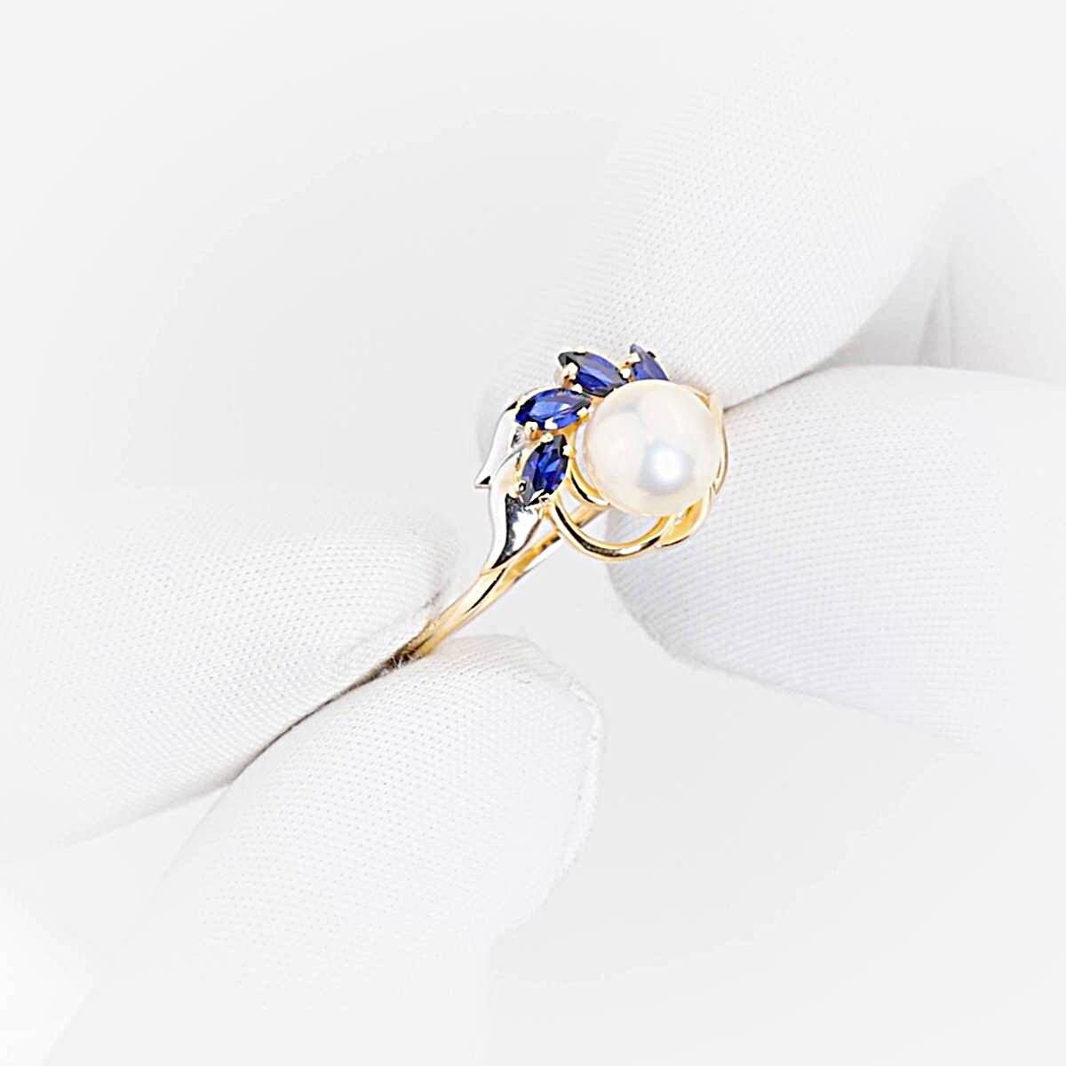 Кольцо с культивированным жемчугом и сапфирами из красного золота 585 пробы 1
