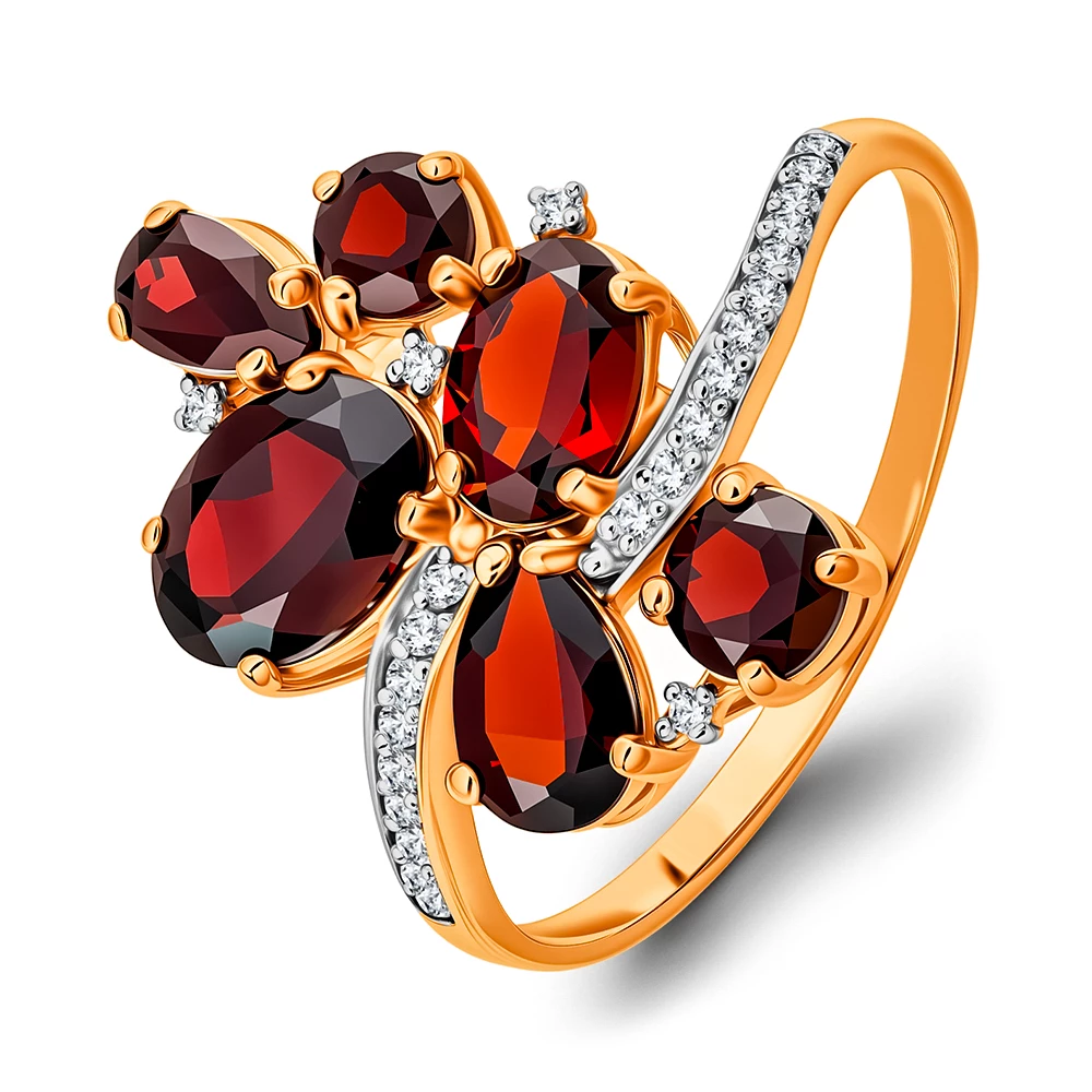 Кольцо с гранатами и фианитами из красного золота 585 пробы