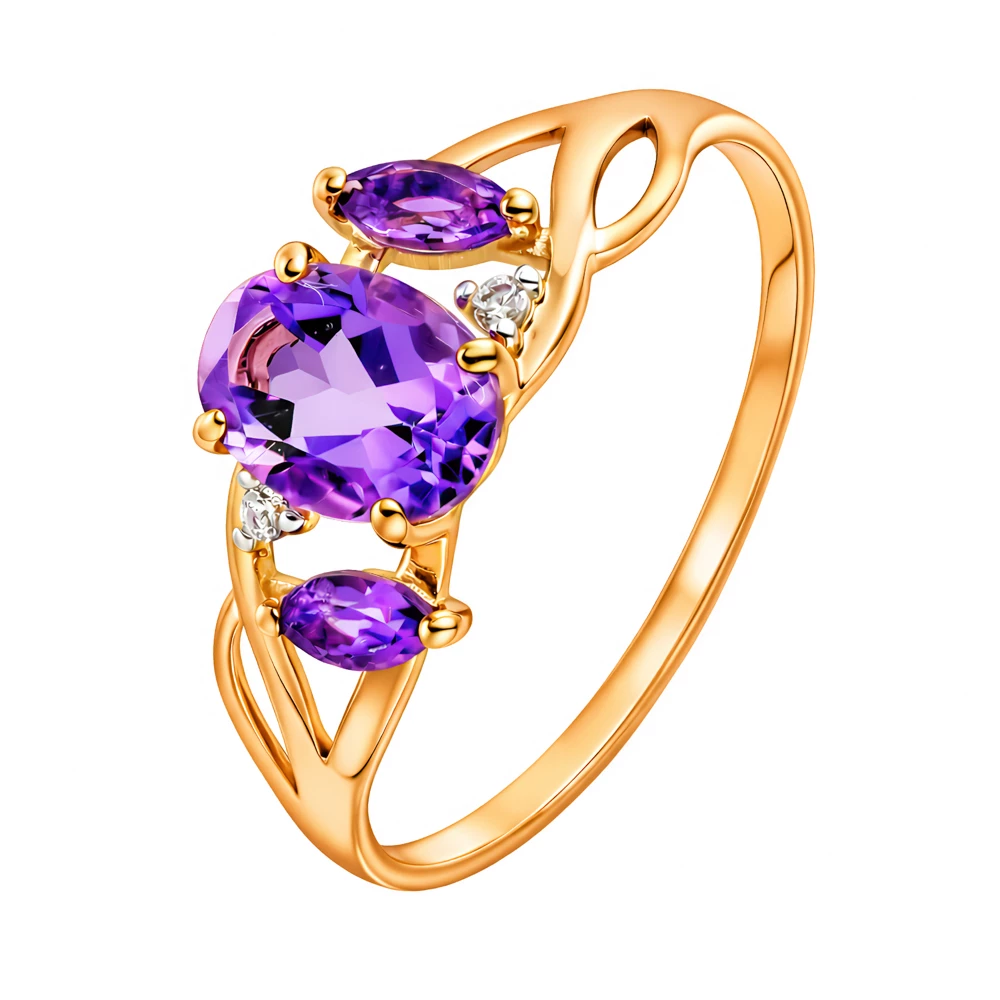 Кольцо с аметистами и фианитами из красного золота 375 пробы