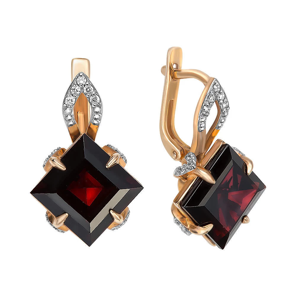 Серьги с гранатом и фианитами из красного золота 585 пробы 1