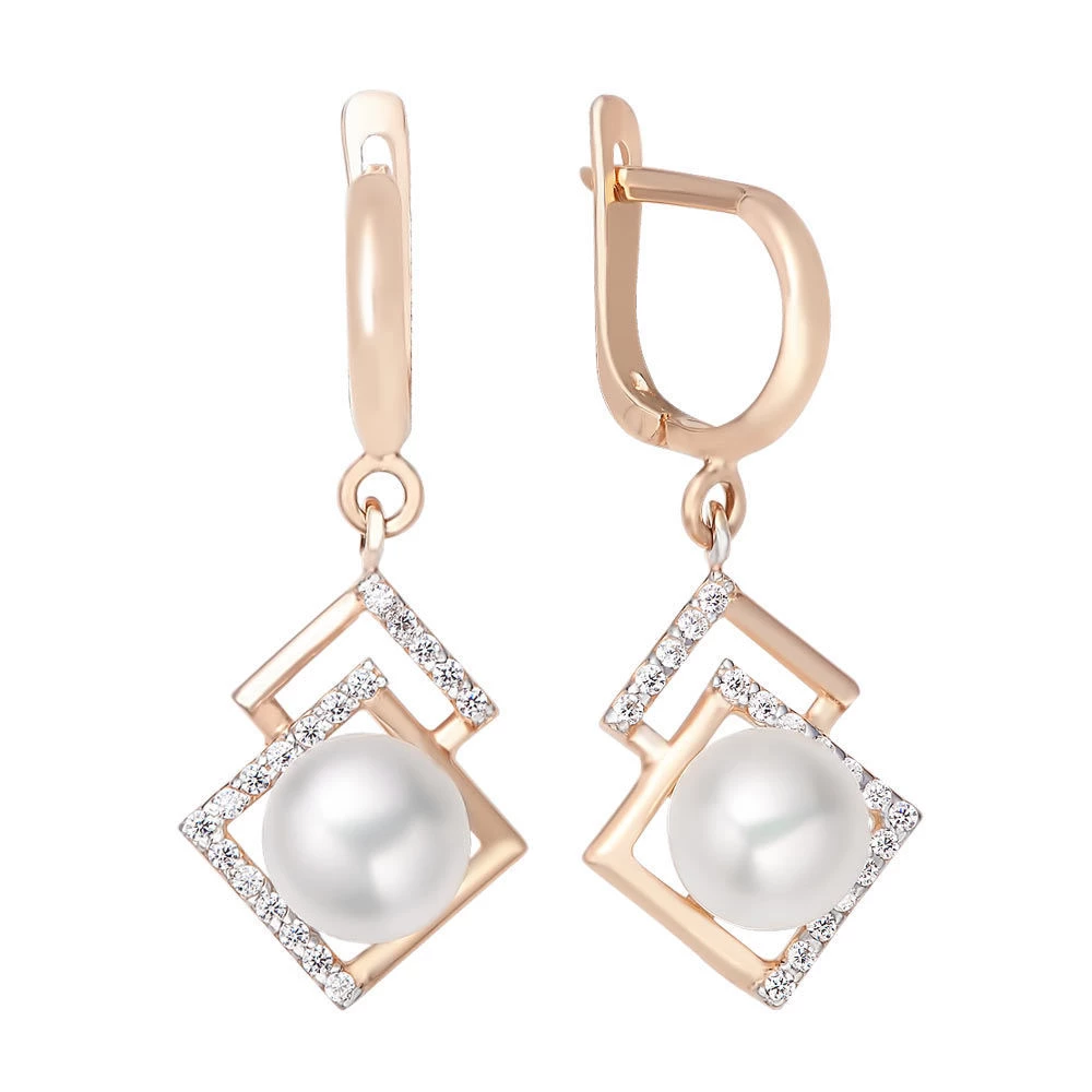 Серьги с жемчугом и фианитами из красного золота 585 пробы 1