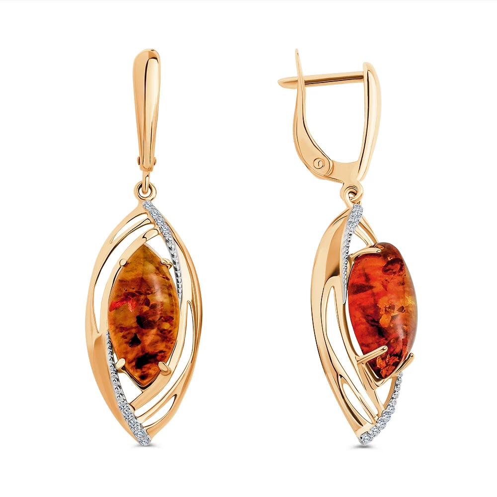 Серьги с янтарем и фианитами из красного золота 585 пробы 3